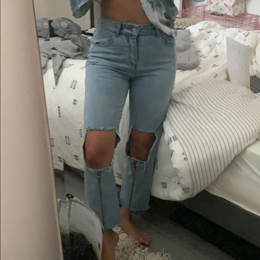 Denim stories flared zipper pant